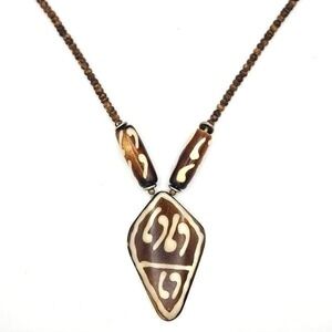 Vintage African Batik Bone Pendant Necklace Tribal Ethnic Wood Bead Bohemian 24"